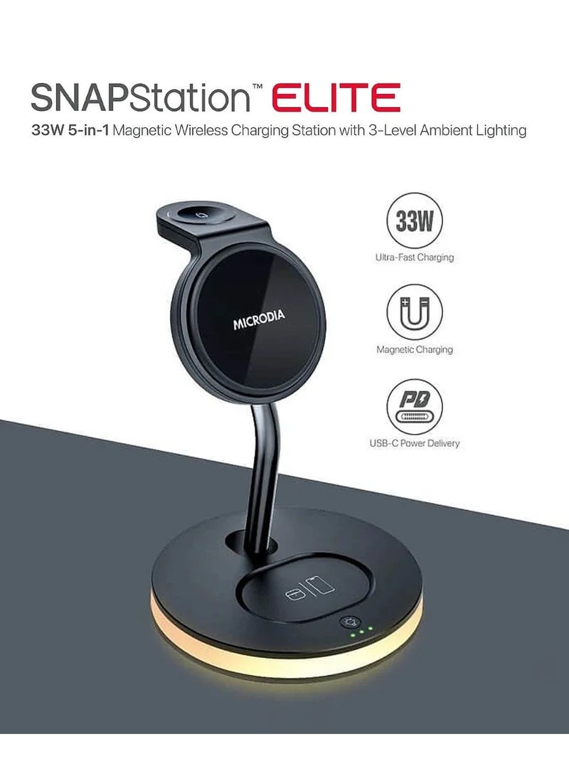 MICRODIA SNAPStation ELITE 33W 5-in-1 Magnetic Wireless Charging Station – MagSafe Charger Stand with Adjustable Ambient Lighting, Fast Qi Wireless Charger for iPhone 16/15/14/13, AirPods & Watch - Black - Image 5